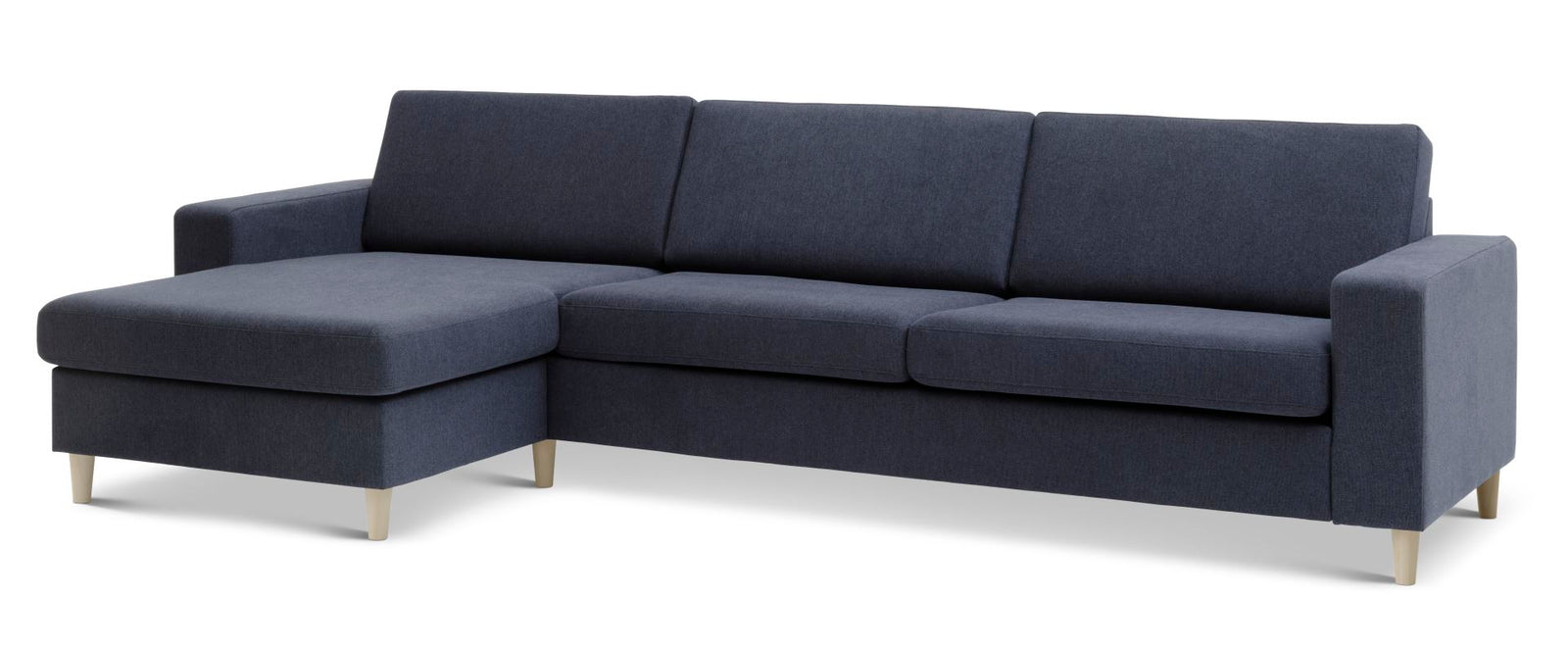 Produktbillede af Pan set 8 3D XL sofa m. chaiselong blå polyester stof og natur træ i premium kvalitet
