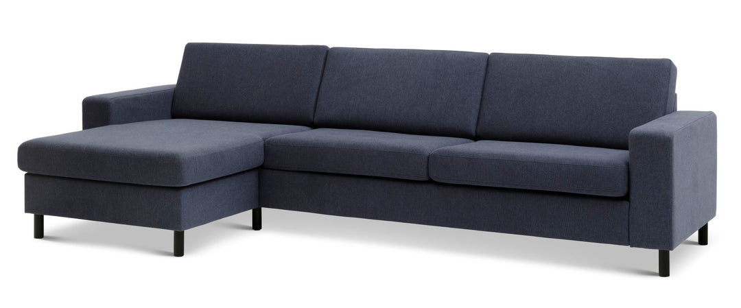 Pan set 8 3D XL sofa m. chaiselong blå polyester stof og sort træ