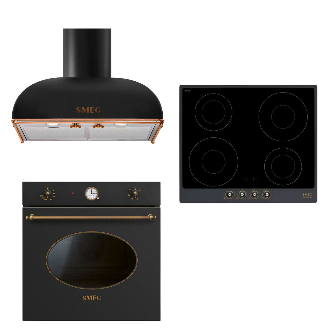 Smeg Smeg Colonial indbygningsovn + induktionskogeplade + emhætte, antracit – close-up (Emhætter)