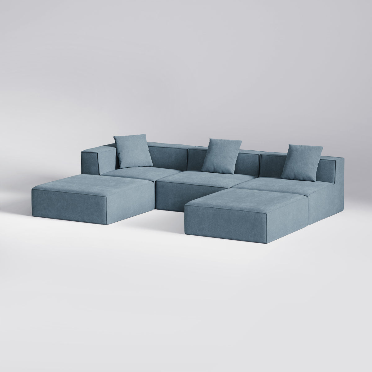 Stor blå Moduri Lounge modulsofa fra Zederkof med sofa-, hjørne- og pufmoduler