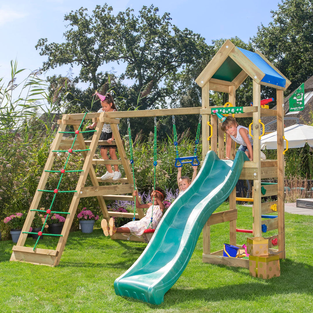 Produktbillede af Jungle Gym Patio legetårn komplet inkl. klatremodul 2 og mørkegrøn rutschebane på tilbud i høj kvalitet