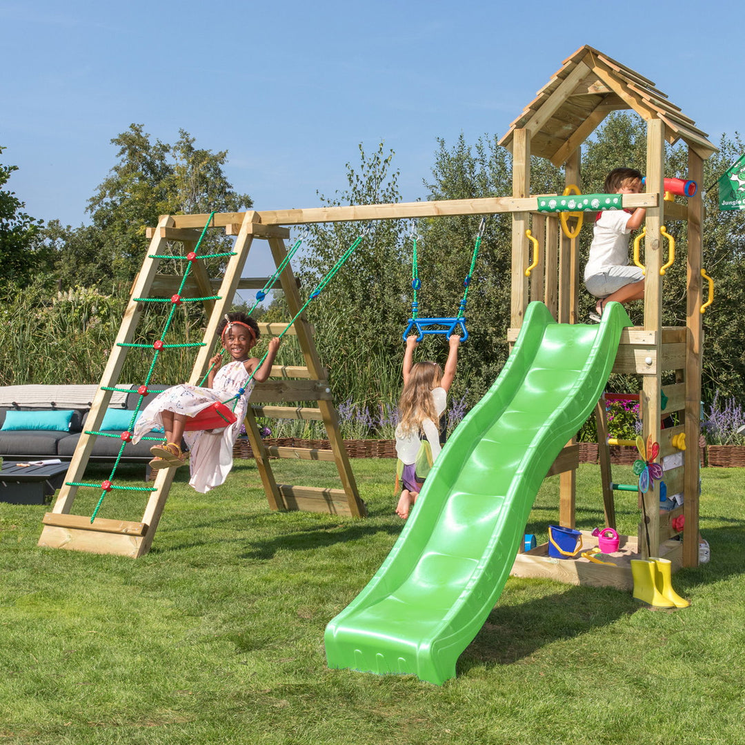 Produktbillede af Jungle Gym Cocoon legetårn komplet inkl. klatremodul 2 og mørkegrøn rutschebane på tilbud i høj kvalitet