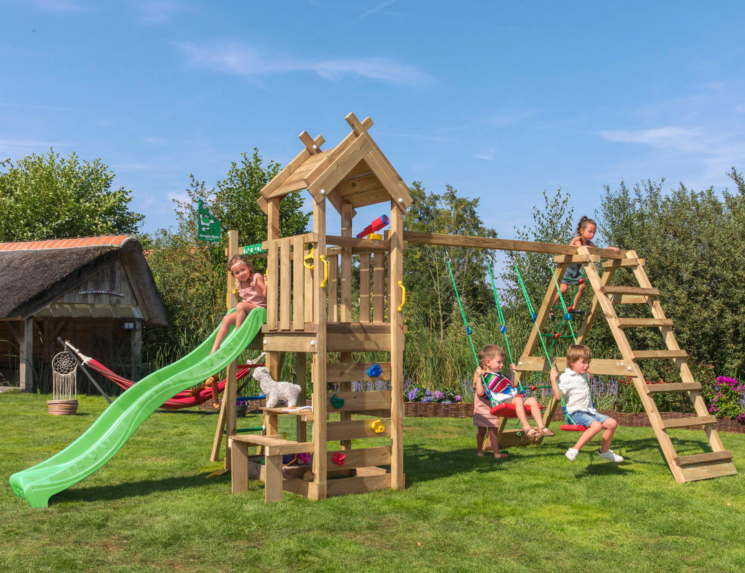Produktbillede af Legetårn Jungle Gym Teepee m/2-Climb Module 200 og grøn rutschebane på tilbud i høj kvalitet