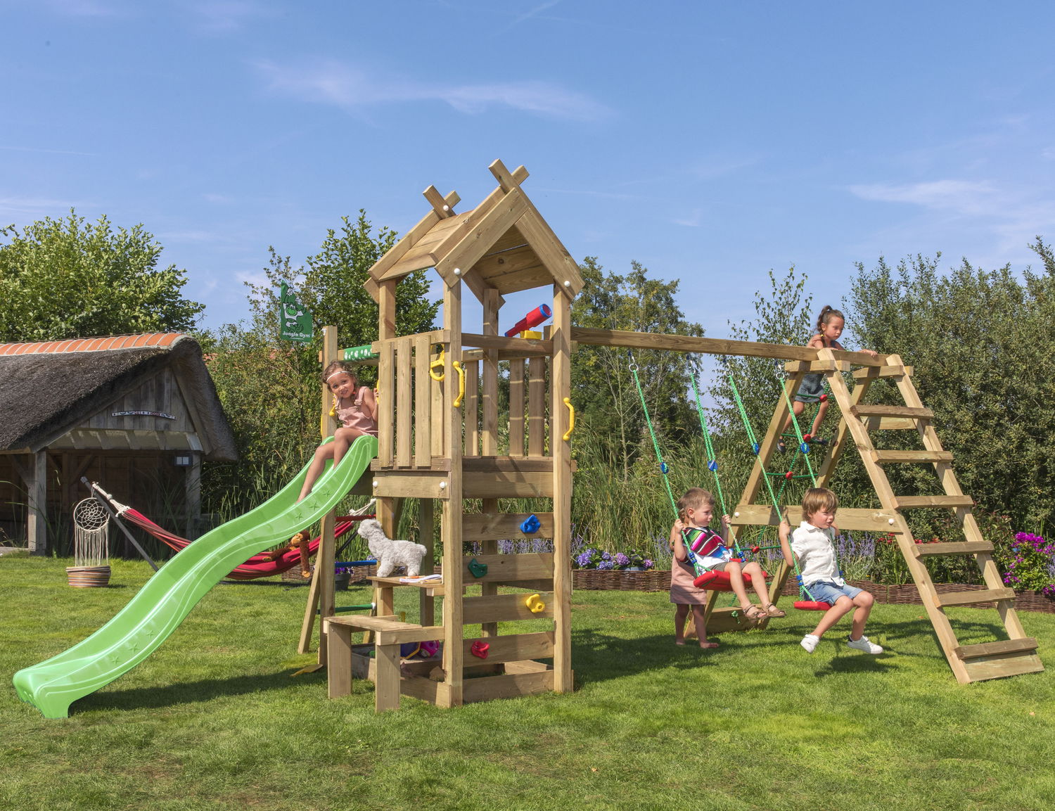 Produktbillede af Legetårn Jungle Gym Teepee m/2-Climb Module 200 og grøn rutschebane på tilbud i høj kvalitet
