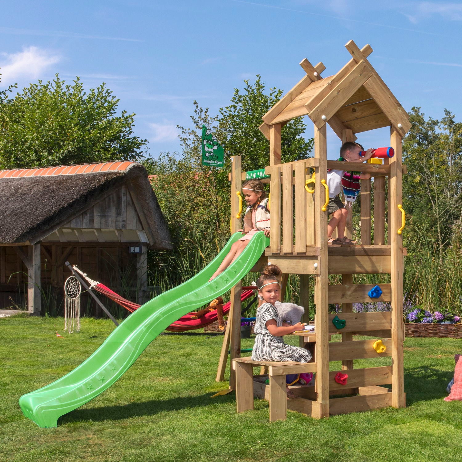 Produktbillede af Legetårn Jungle Gym Teepee m/ grøn rutschebane på tilbud i høj kvalitet