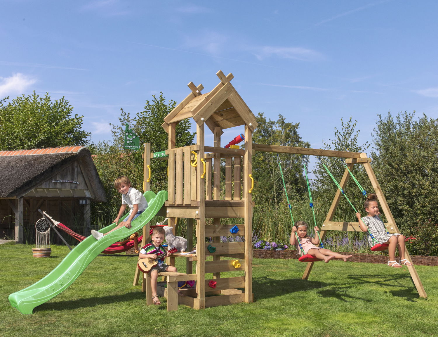 Produktbillede af Legetårn Jungle Gym Teepee m/2-Swing Module 200 og grøn rutschebane på tilbud i høj kvalitet