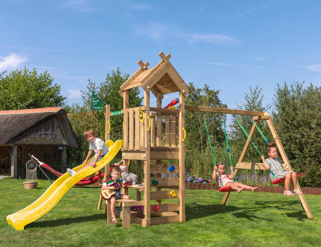 Produktbillede af Legetårn Jungle Gym Teepee m/2-Swing Module 200 og gul rutschebane på tilbud i høj kvalitet