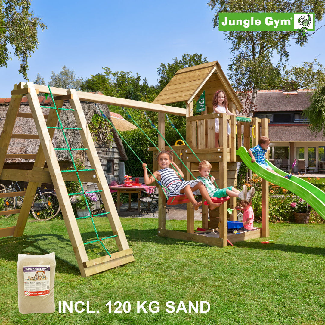 Produktbillede af Jungle Gym Cubby legetårn komplet inkl. climb module xtra 120 kg sand og grøn rutschebane på tilbud i høj kvalitet