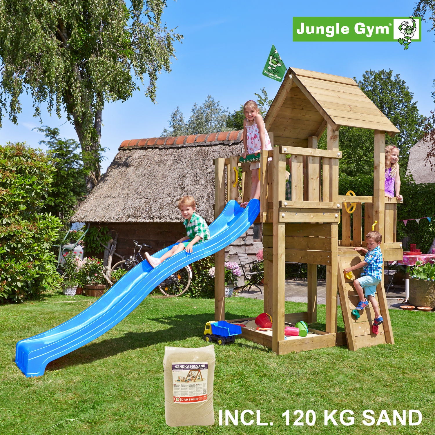 Produktbillede af Jungle Gym Cubby legetårn komplet inkl. 120 kg sand og blå rutschebane på tilbud i høj kvalitet