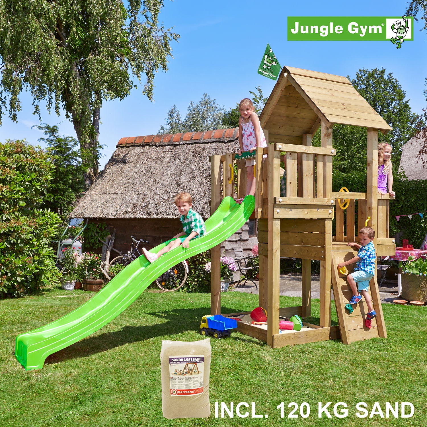 Produktbillede af Jungle Gym Cubby legetårn komplet inkl. 120 kg sand og grøn rutschebane på tilbud i høj kvalitet