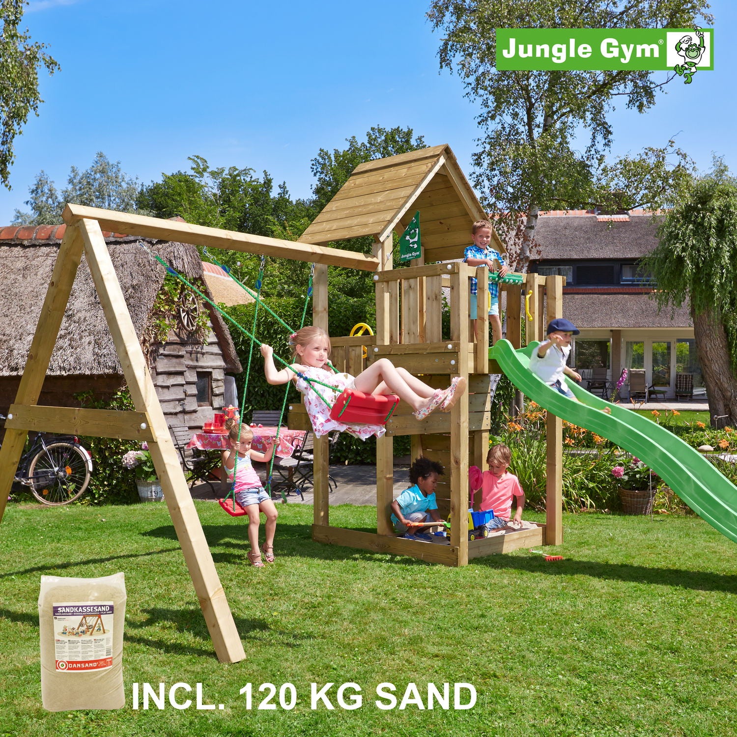 Produktbillede af Jungle Gym Cubby legetårn komplet inkl. swing module xtra 120 kg sand og grøn rutschebane på tilbud i høj kvalitet
