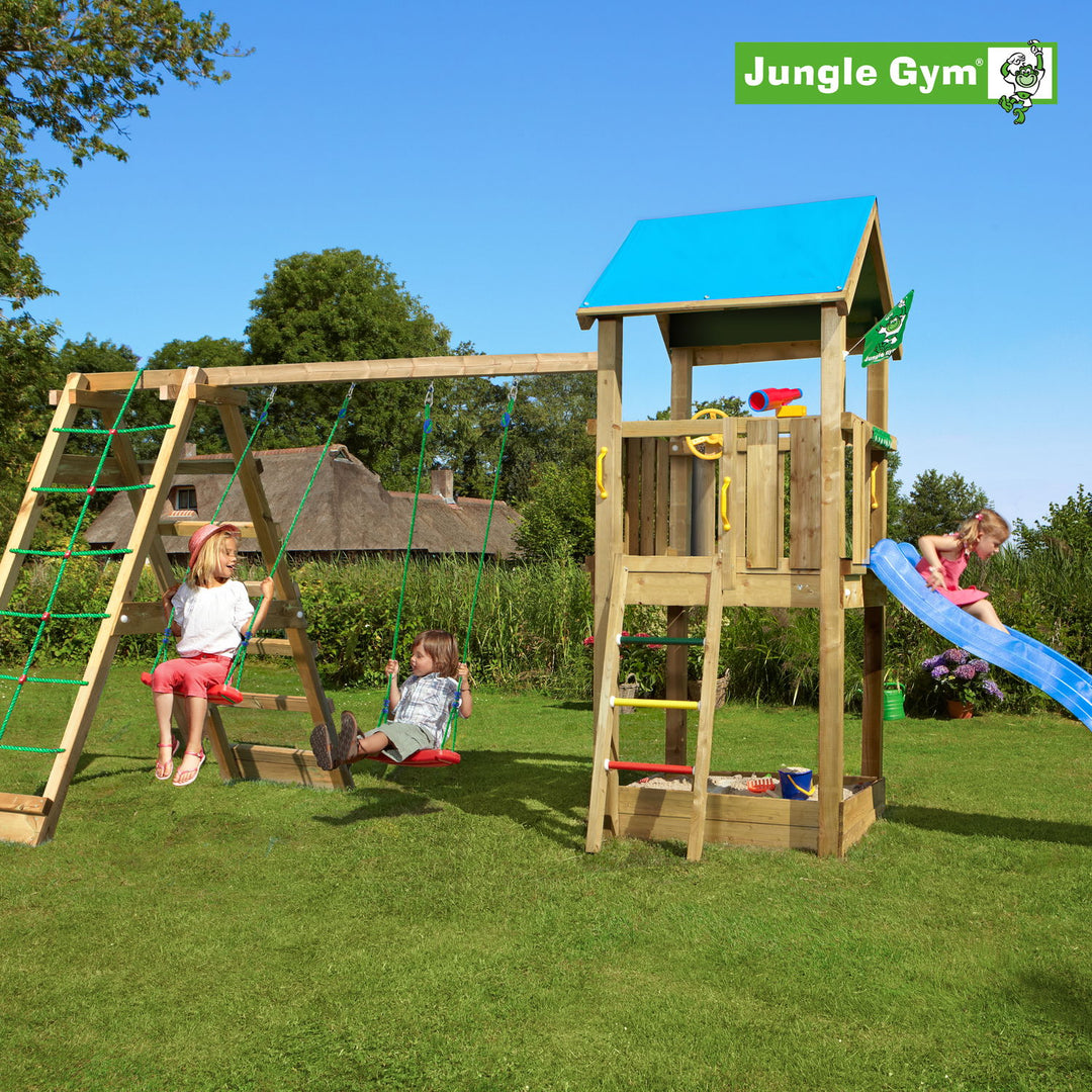 Produktbillede af Jungle Gym Castle legetårn komplet inkl. climb module xtra og rutschebane på tilbud i høj kvalitet