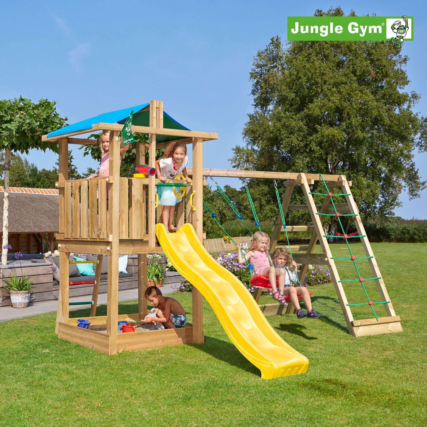Produktbillede af Jungle Gym Hut legetårn komplet inkl. climb module xtra ekskl. rutschebane på tilbud i høj kvalitet