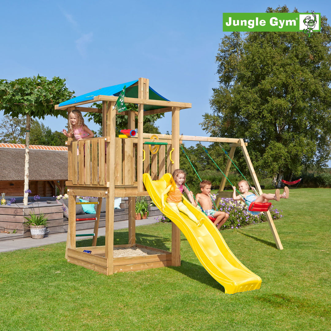 Produktbillede af Jungle Gym Hut legetårn komplet inkl. swing module xtra ekskl. rutschebane på tilbud i høj kvalitet