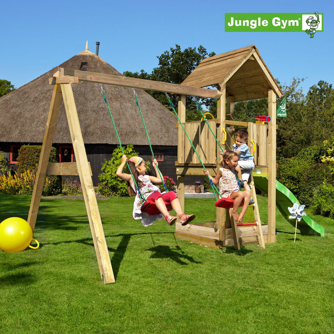 Produktbillede af Jungle Gym Club legetårn komplet inkl. swing module xtra og rutschebane på tilbud i høj kvalitet