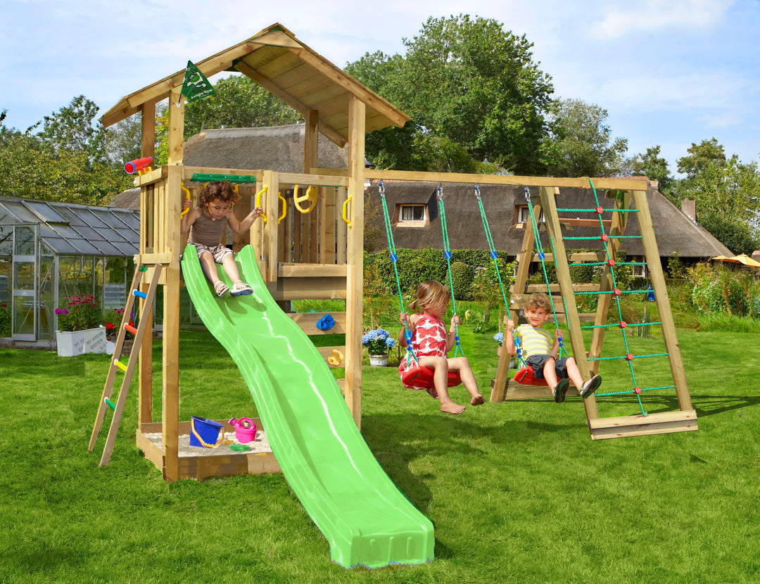 Produktbillede af Legetårn Jungle Gym Sierra 2.1 m/2-Climb Module 220 og grøn rutschebane på tilbud i høj kvalitet