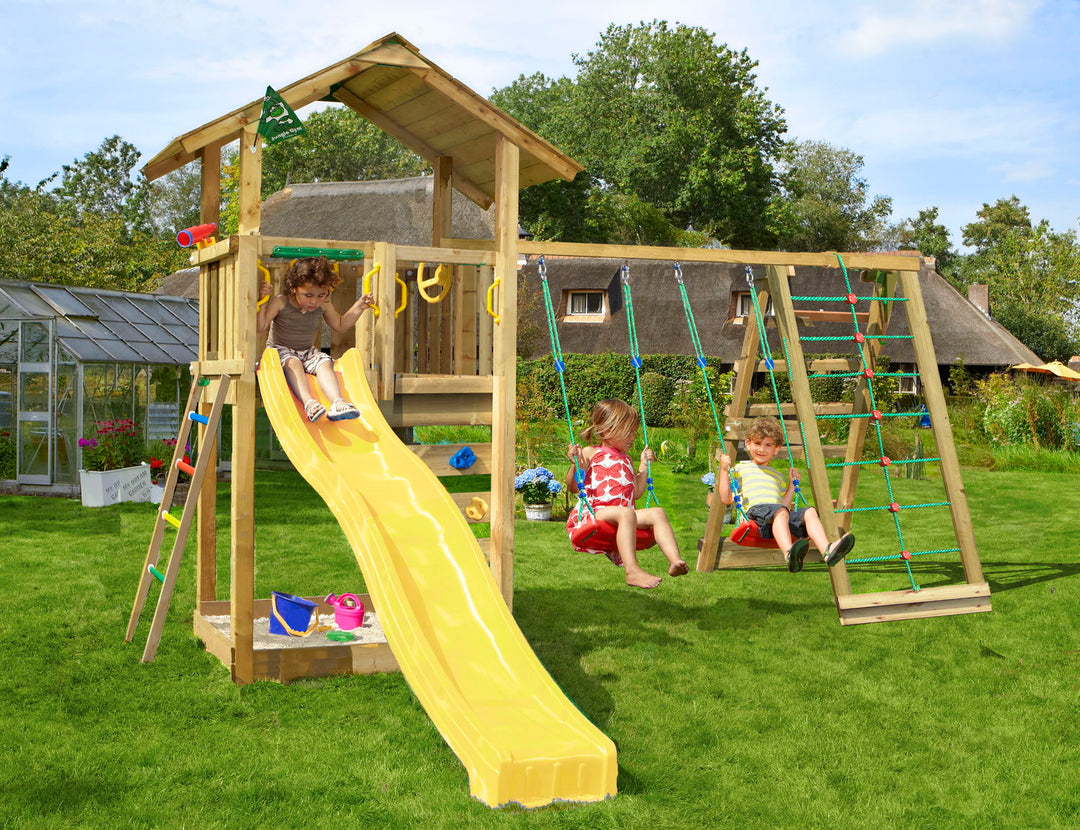 Produktbillede af Legetårn Jungle Gym Sierra 2.1 m/2-Climb Module 220 og gul rutschebane på tilbud i høj kvalitet