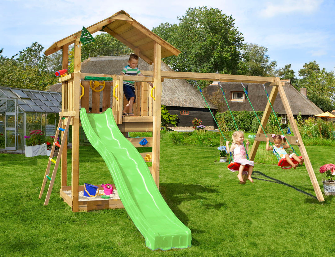 Produktbillede af Legetårn Jungle Gym Sierra 2.1 m/2-Swing Module 220 og grøn rutschebane på tilbud i høj kvalitet