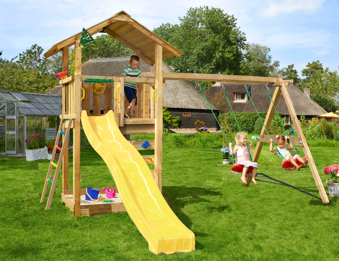 Produktbillede af Legetårn Jungle Gym Sierra 2.1 m/Swing Module 220 og gul rutschebane på tilbud i høj kvalitet