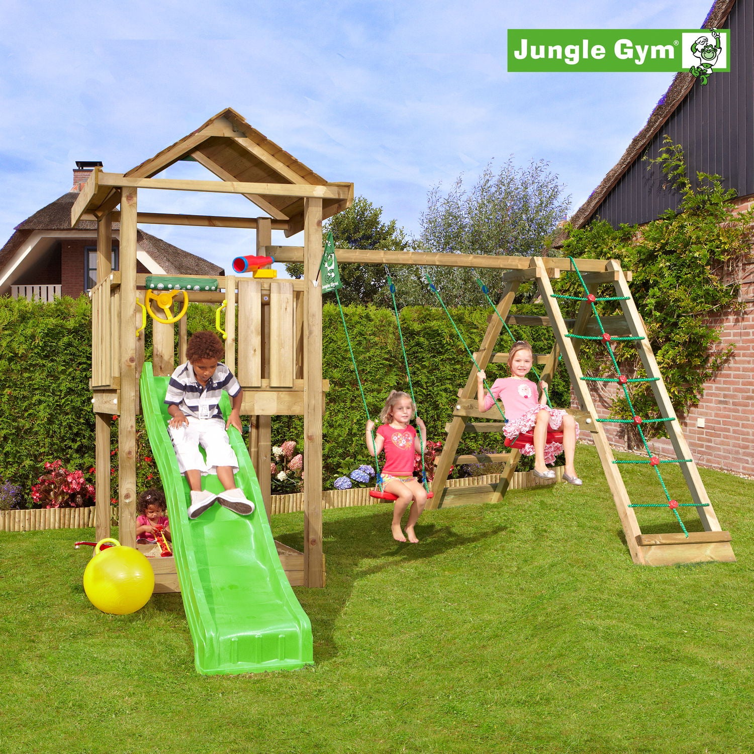 Produktbillede af Jungle Gym House legetårn komplet inkl. climb module xtra ekskl. rutschebane på tilbud i høj kvalitet