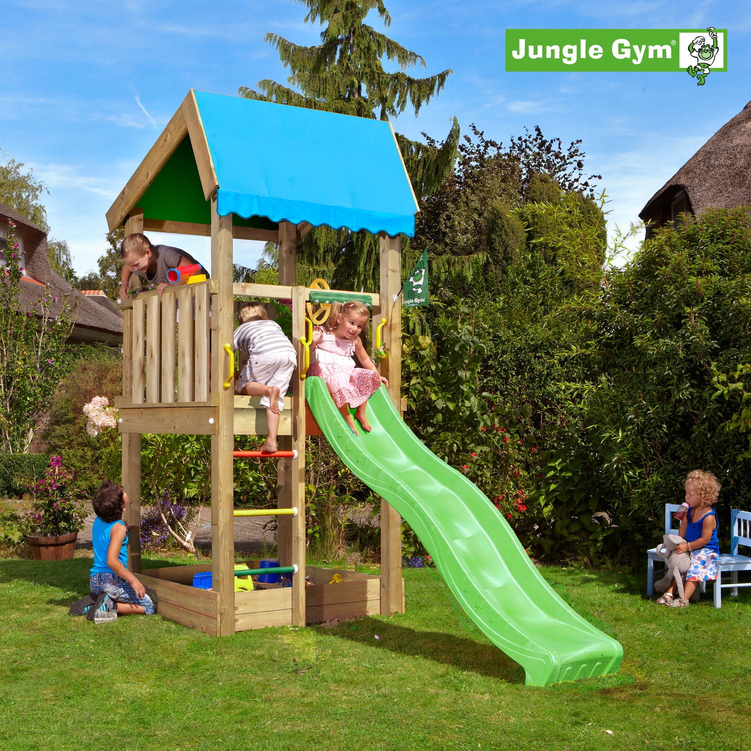 Produktbillede af Jungle Gym Home legetårn komplet ekskl. rutschebane på tilbud i høj kvalitet