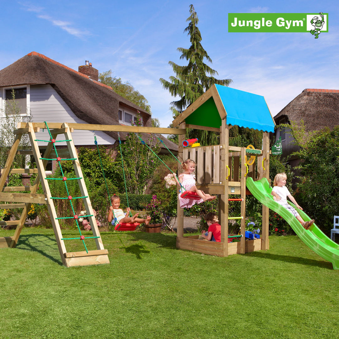 Produktbillede af Jungle Gym Home legetårn komplet inkl. climb module xtra ekskl. rutschebane på tilbud i høj kvalitet