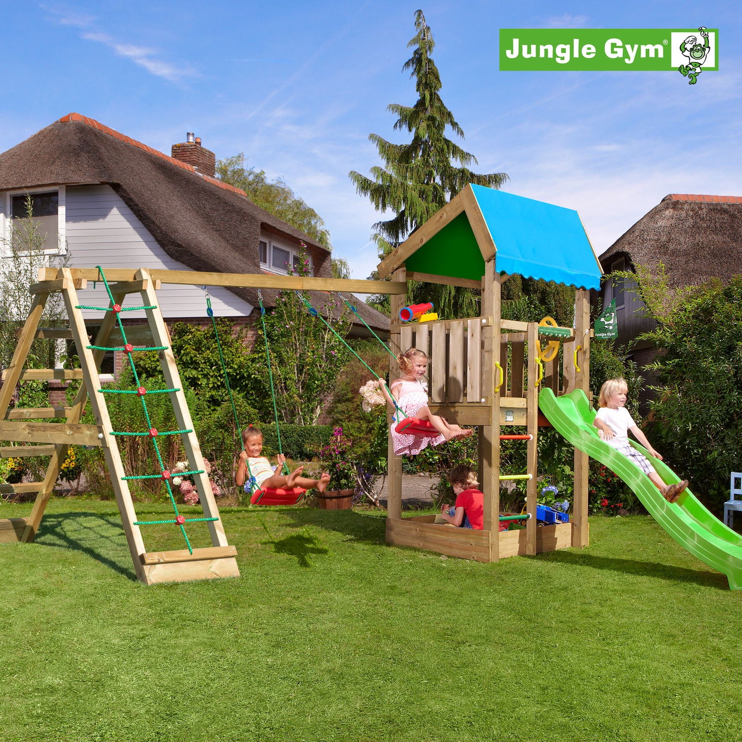 Produktbillede af Jungle Gym Home legetårn komplet inkl. climb module xtra og rutschebane på tilbud i høj kvalitet