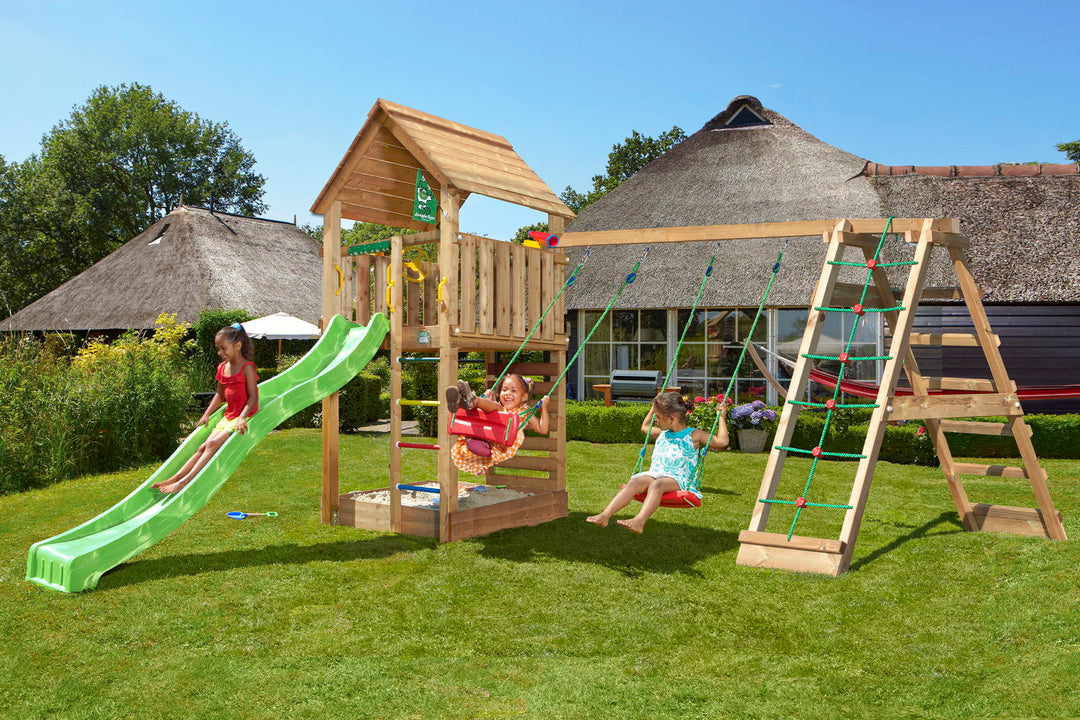 Produktbillede af Legetårn Jungle Gym Cabin 2.1 m/2-Climb Module 220 og grøn rutsjebane på tilbud i høj kvalitet