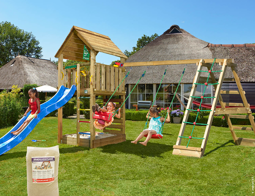 Produktbillede af Legetårn Jungle Gym Cabin 2.1 m/2-Climb Module 220 blå rutsjebane og 120 kg sand på tilbud i høj kvalitet