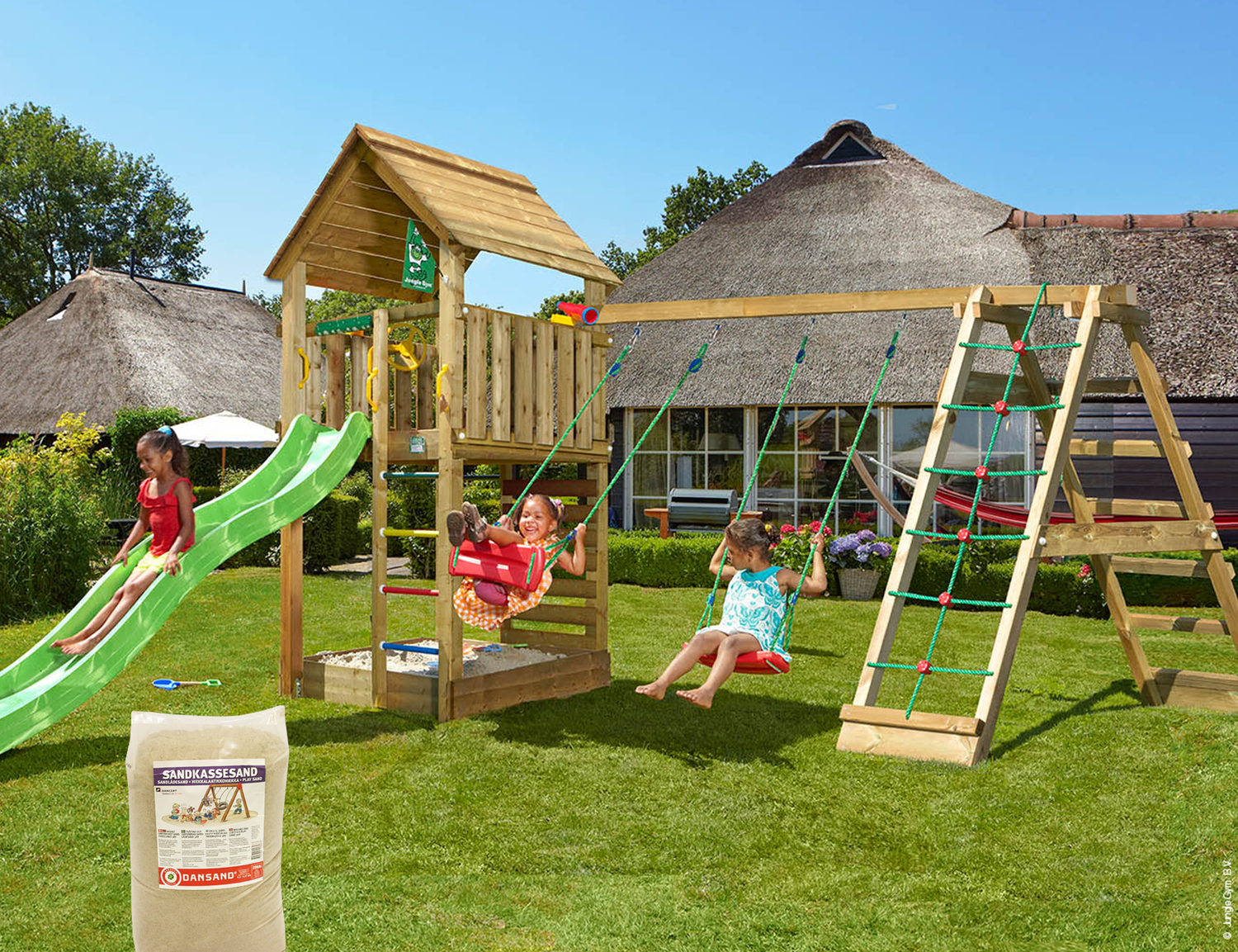 Produktbillede af Legetårn Jungle Gym Cabin 2.1 w/2-Climb Module 220 grøn rutsjebane og 120 kg sand på tilbud i høj kvalitet