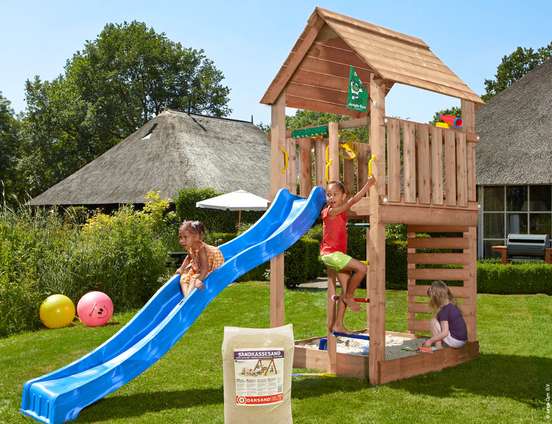 Produktbillede af Legetårn Jungle Gym Cabin 2.1 m/blå rutsjebane og 120 kg sand på tilbud i høj kvalitet