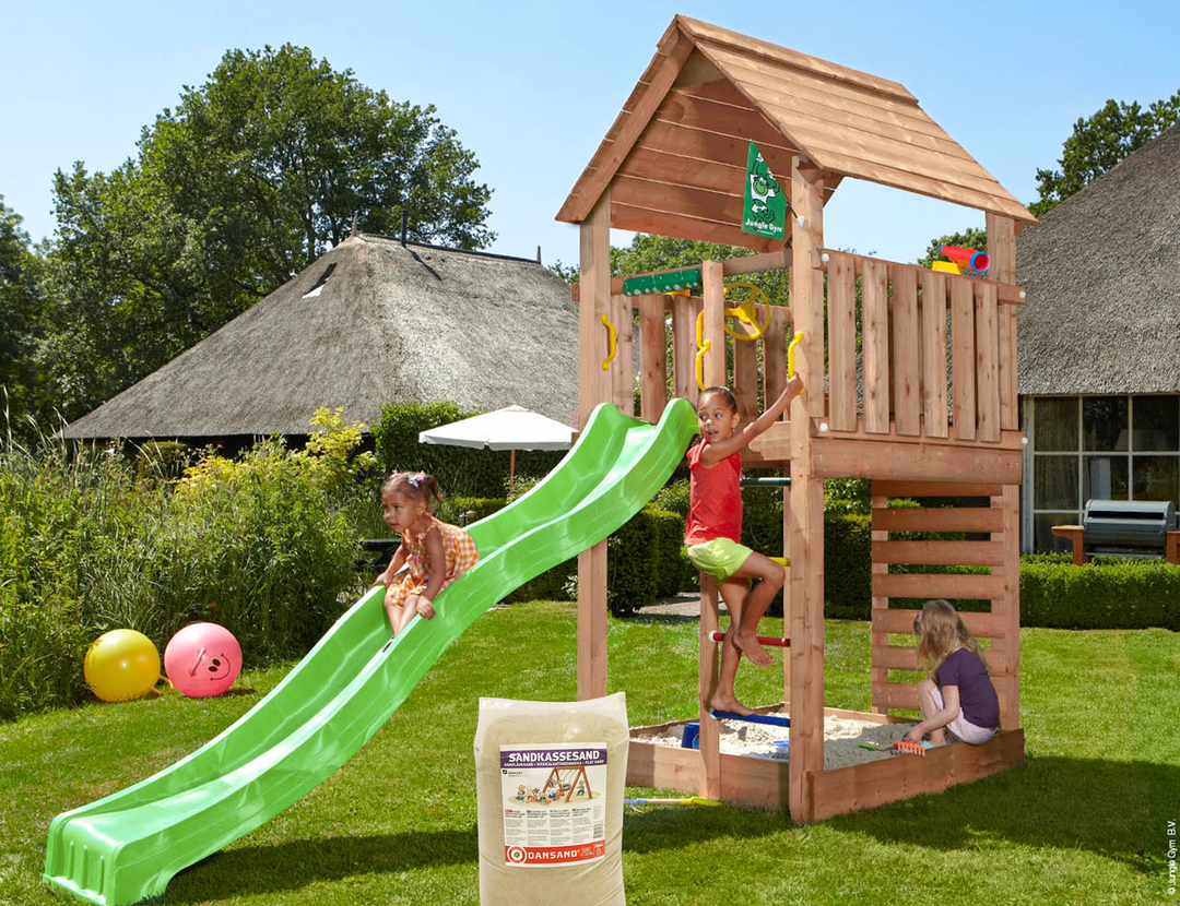 Produktbillede af Legetårn Jungle Gym Cabin 2.1 m/grøn rutsjebane og 120 kg sand på tilbud i høj kvalitet