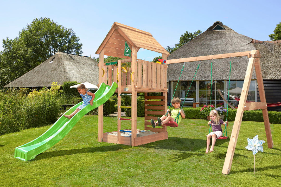 Produktbillede af Legetårn Jungle Gym Cabin 2.1 m/2-Swing Module 220 og grøn rutsjebane på tilbud i høj kvalitet