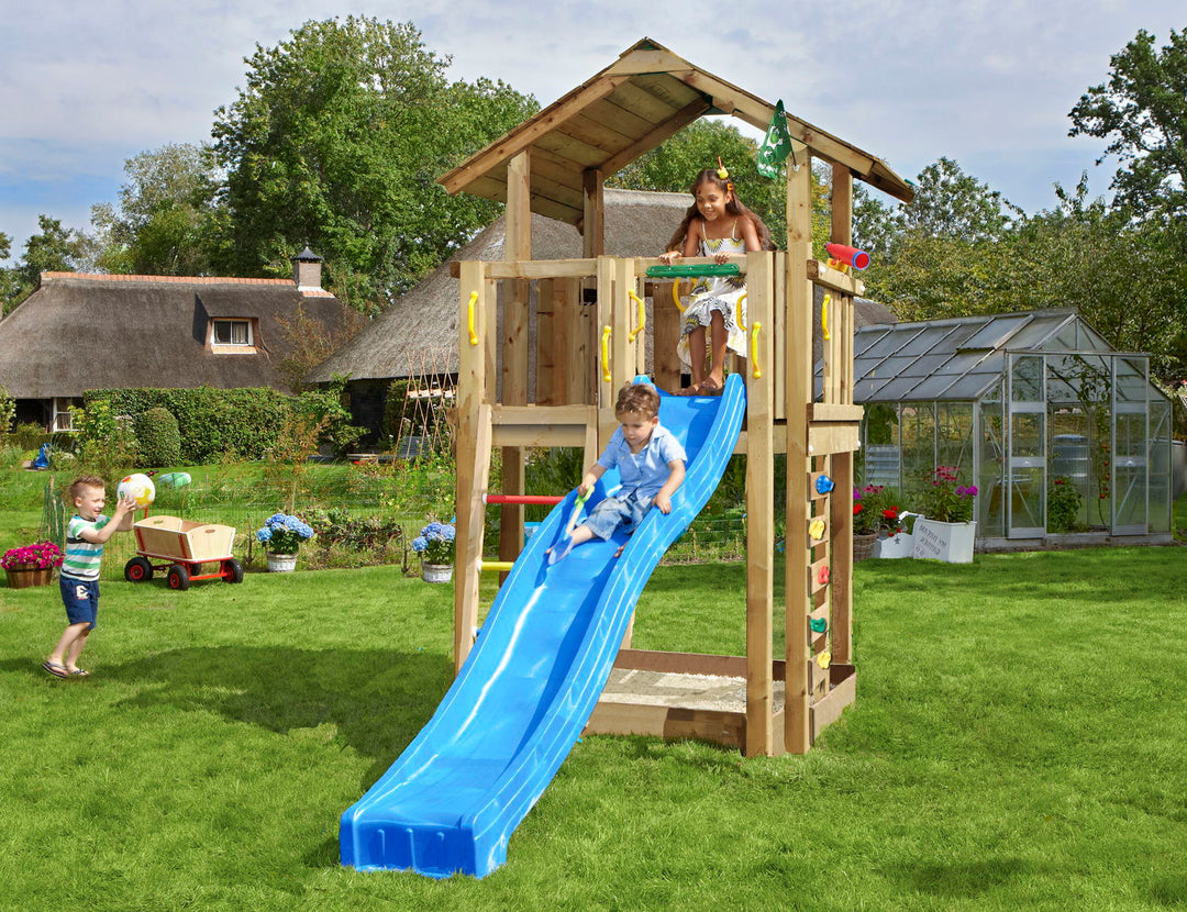 Produktbillede af Legetårn Jungle Gym Chalet 2.1 m/grøn rutschebane på tilbud i høj kvalitet