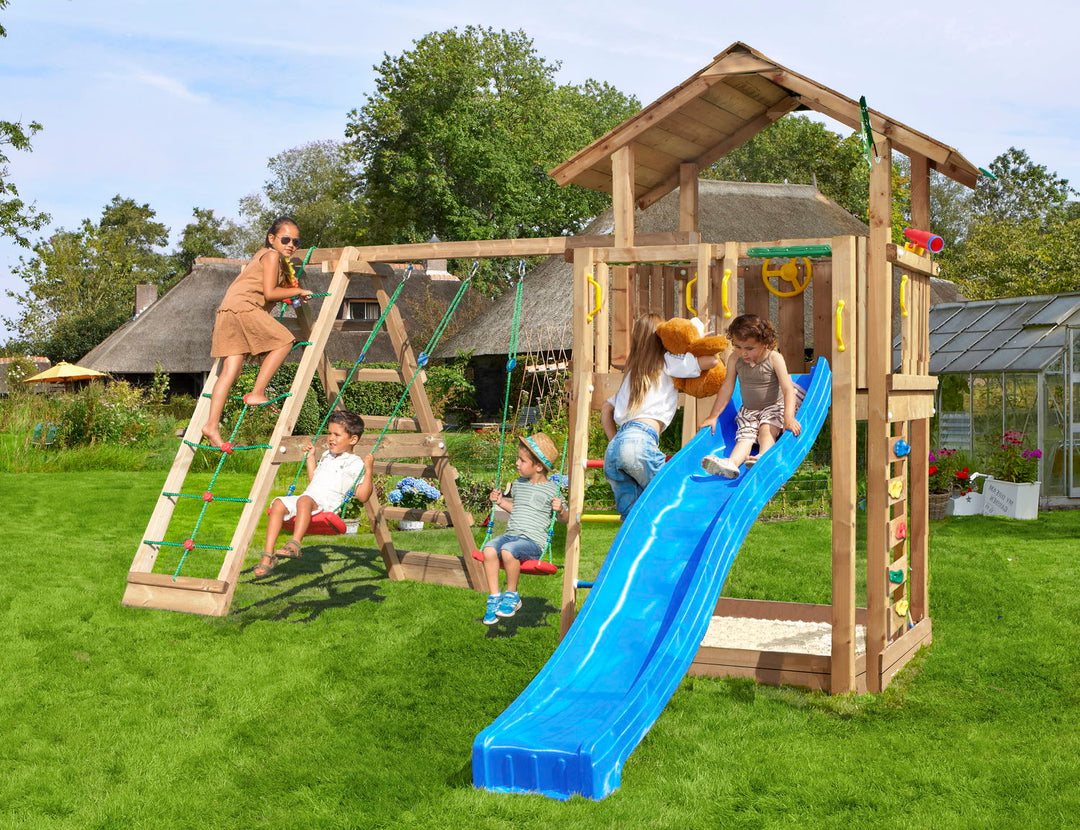 Produktbillede af Legetårn Jungle Gym Chalet 2.1 m/2-Climb Module 220 og blå rutschebane på tilbud i høj kvalitet