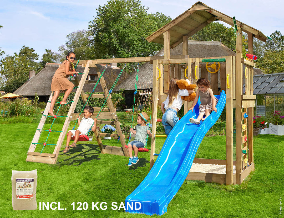 Produktbillede af Legetårn Jungle Gym Chalet 2.1 m/2-Climb Module 220 blå rutschebane og 120 kg sand på tilbud i høj kvalitet