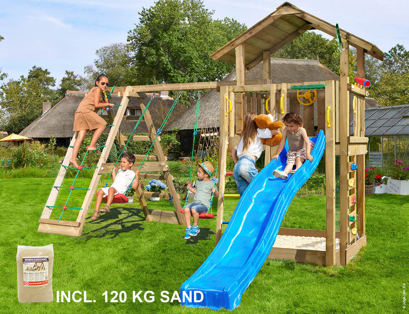 Produktbillede af Legetårn Jungle Gym Chalet 2.1 m/2-Climb Module 220 blå rutschebane og 120 kg sand på tilbud i høj kvalitet
