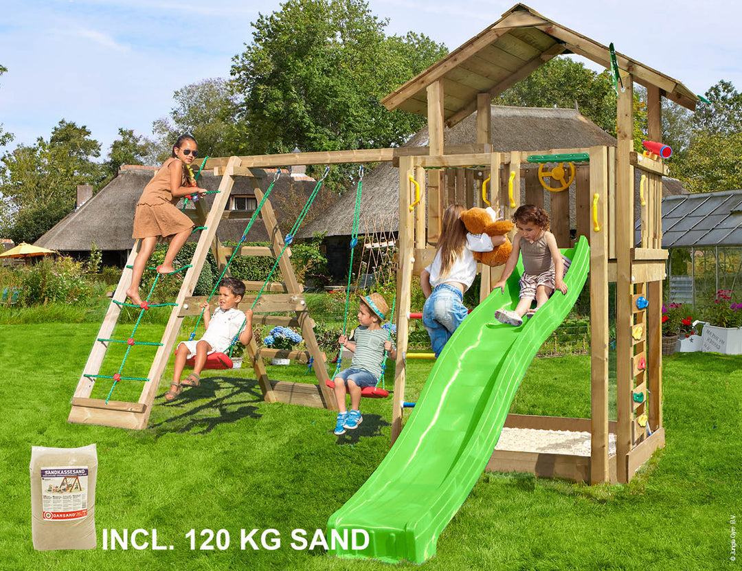 Produktbillede af Legetårn Jungle Gym Chalet 2.1 m/2-Climb Module 220 grøn rutschebane och 120 kg sand på tilbud i høj kvalitet