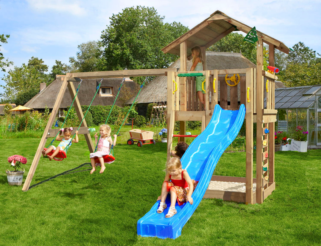 Produktbillede af Legetårn Jungle Gym Chalet 2.1 m/2-Swing Module 220 og grøn rutschebane på tilbud i høj kvalitet