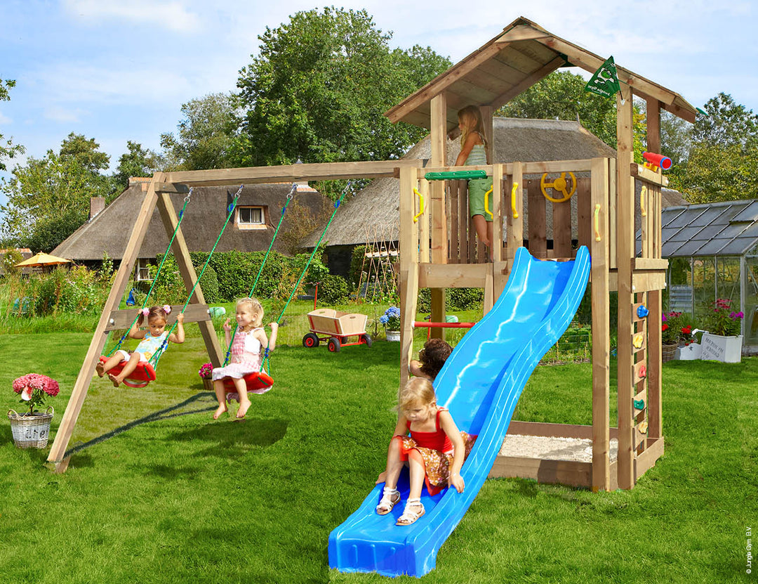 Produktbillede af Legetårn Jungle Gym Chalet 2.1 m/2-Swing Module 220 blå rutschebane og 120 kg sand på tilbud i høj kvalitet
