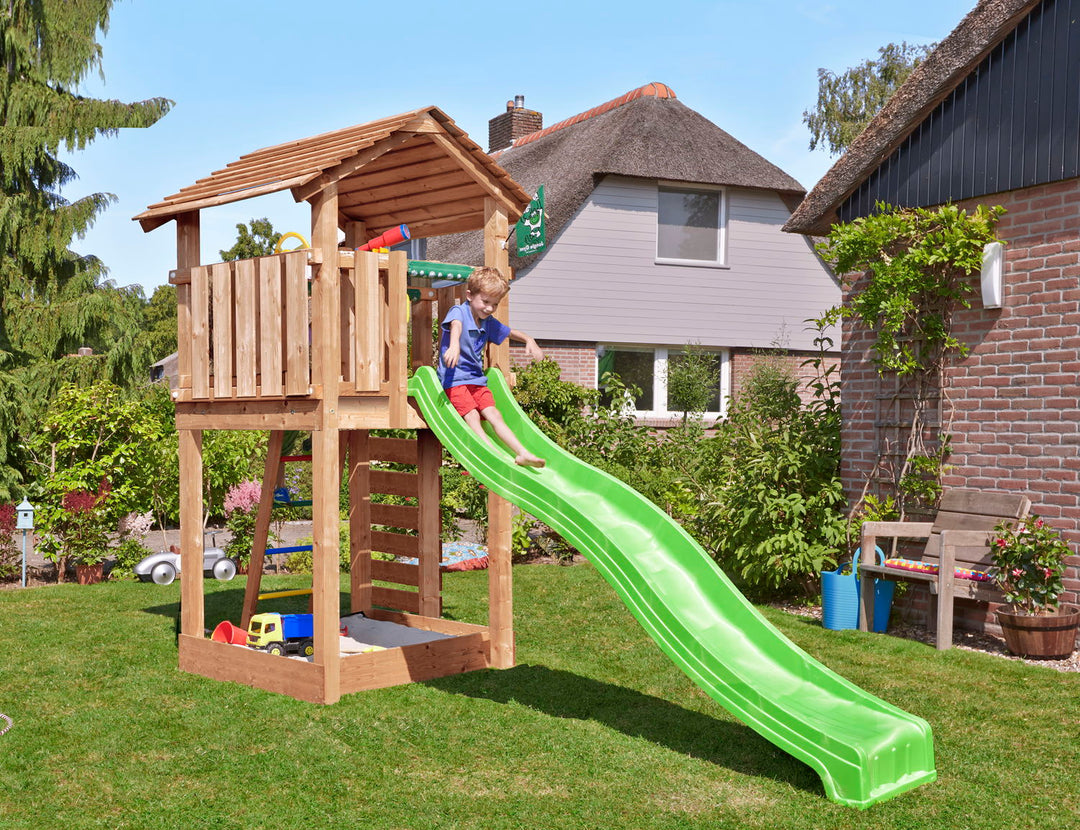 Produktbillede af Legetårn Jungle Gym Cottage 2.1 m/grøn rutschebane på tilbud i høj kvalitet
