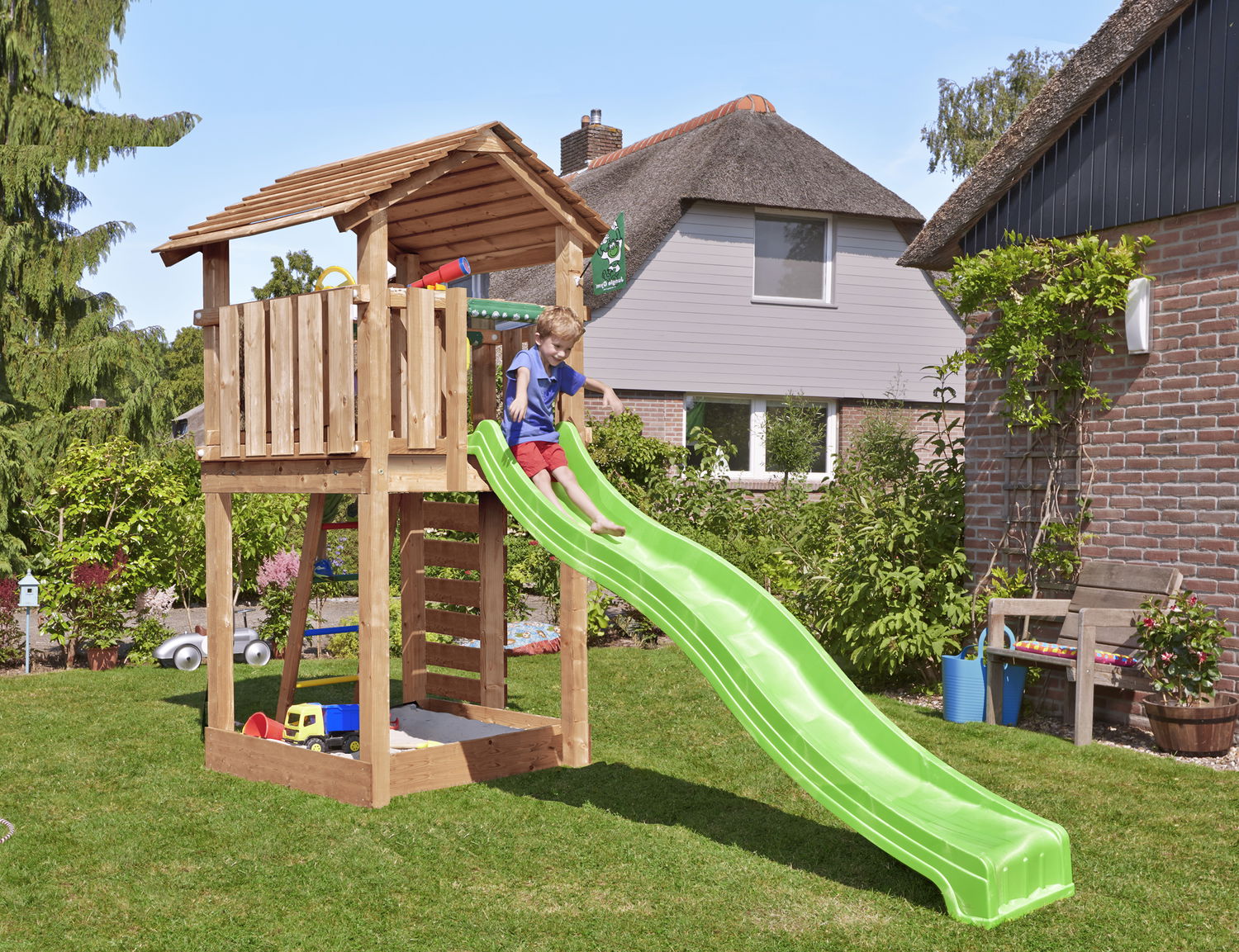 Produktbillede af Legetårn Jungle Gym Cottage 2.1 m/grøn rutschebane på tilbud i høj kvalitet