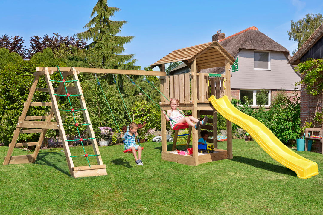 Produktbillede af Legetårn Jungle Gym Cottage 2.1 m/2-Climb Modul 220 og gul rutschebane på tilbud i høj kvalitet
