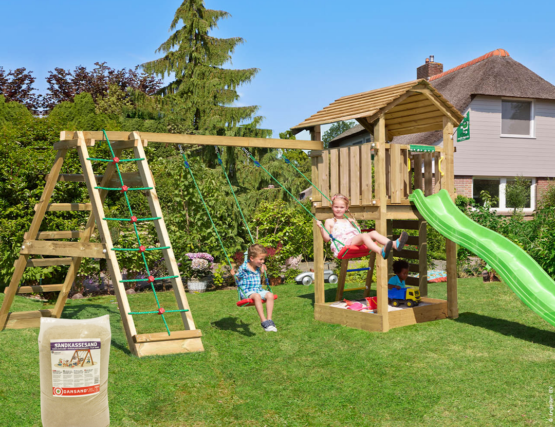 Produktbillede af Legetårn Jungle Gym Cottage 2.1 w/2-Climb Module 220 grøn rutschebane og 120 kg sand på tilbud i høj kvalitet