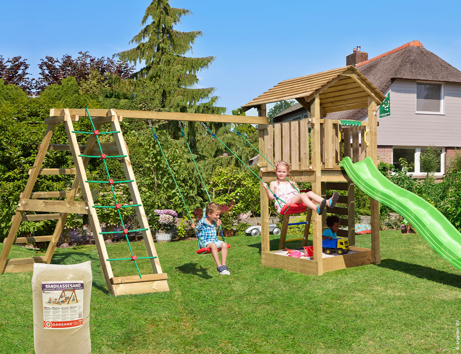 Produktbillede af Legetårn Jungle Gym Cottage 2.1 w/2-Climb Module 220 grøn rutschebane og 120 kg sand på tilbud i høj kvalitet