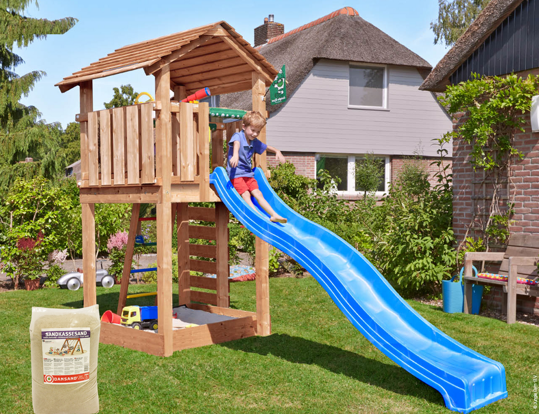 Produktbillede af Legetårn Jungle Gym Cottage 2.1 m/blå rutschebane og 120 kg sand på tilbud i høj kvalitet