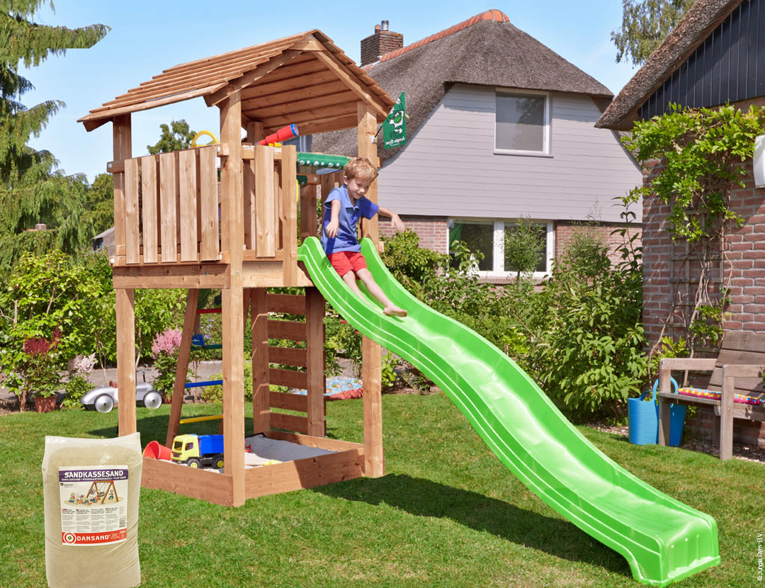 Produktbillede af Legetårn Jungle Gym Cottage 2.1 m/grøn rutschebane og 120 kg sand på tilbud i høj kvalitet