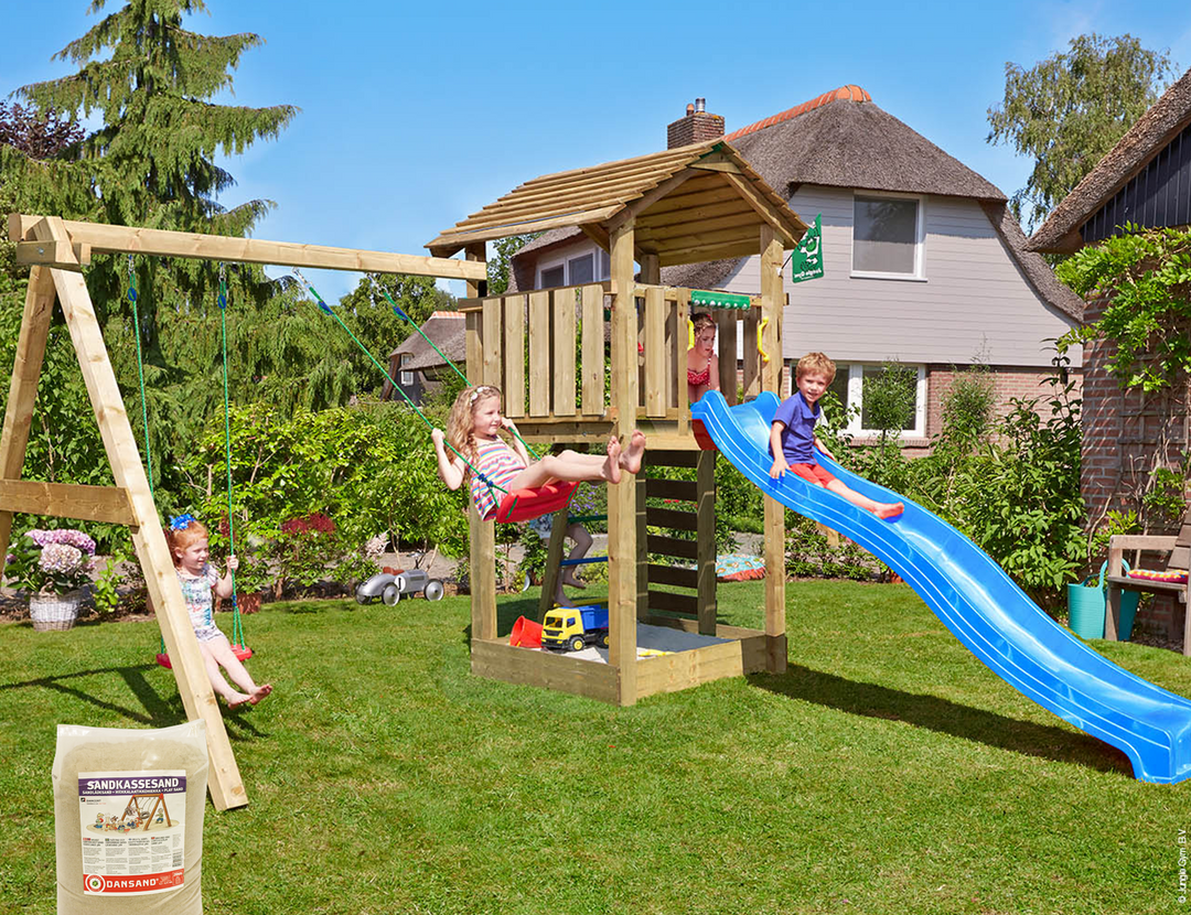 Produktbillede af Legetårn Jungle Gym Cottage 2.1 m/2-Swing Modul 220 blå rutschebane og 120 kg sand på tilbud i høj kvalitet