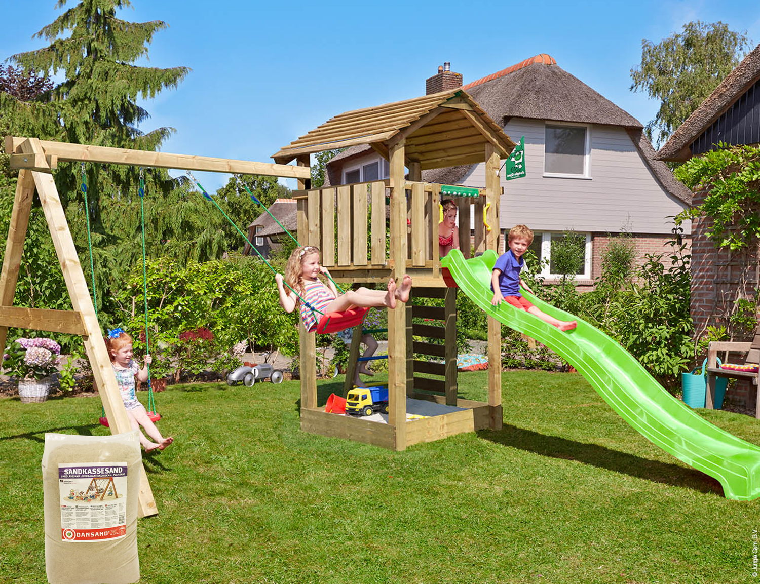 Produktbillede af Legetårn Jungle Gym Cottage 2.1 m/2-Swing Modul 220 grøn rutschebane og 120 kg sand på tilbud i høj kvalitet