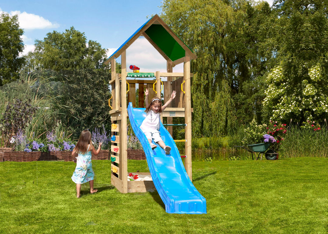 Produktbillede af Legetårn Jungle Gym Lodge 2.1 inkl. blå rutschebane på tilbud i høj kvalitet
